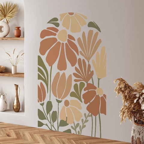 Pegatina de Pared de Arco Geométrico con Flores Abstractas Bohemias Mural de PVC Autoadhesivo Removible para Sala y Dormitorio