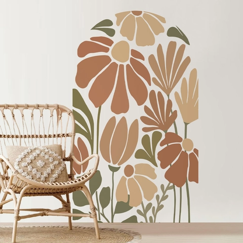 Pegatina de Pared de Arco Geométrico con Flores Abstractas Bohemias Mural de PVC Autoadhesivo Removible para Sala y Dormitorio