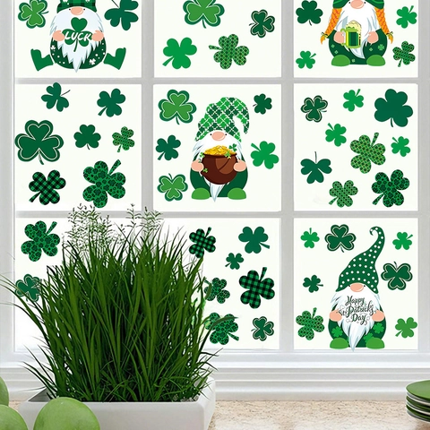 St Patricks Day Wandsticker Wichtel Kleeblatt Fensterbilder PVC Wasserdicht Grün Glück Dekoration Für Zuhause Wohnzimmer Glas