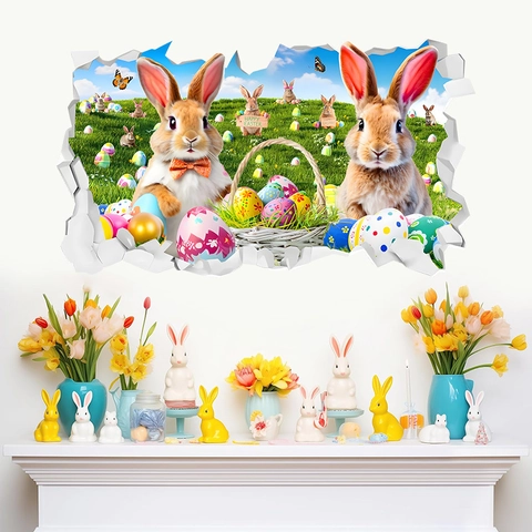 3D Muro Rotto Adesivo da Parete Coniglietto di Pasqua Uova Colorate Prateria Coniglio Decalcomania Bambini Casa Arte Murale Decorativa