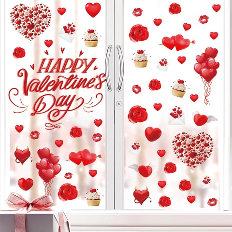 Happy Valentine's Day Wandfenster Aufkleber PVC Rot Herz Rose Dekor Für Hochzeit Antrag Party Zuhause Hintergrund Wandtattoo