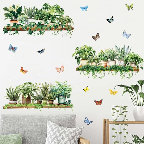 Topfgrüne Pflanzen Holzregale Wandaufkleber Bunte Schmetterlinge PVC Selbstklebende Wandtattoos Für Wohnzimmer Home Decor