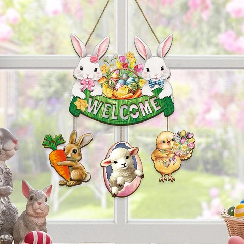 Easter Wooden Welcome Door Hanging Sign Cartoon Bunny Egg Carrot Pattern Wall Plaque Festive Home Decor For Spring Holiday
