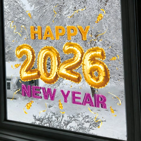 Happy New Year 2026 Window Sticker PVC 3D Glitter Wall Decal Festive Holiday Shop Glass Decor Gold Blue Snowflake Butterfly Home Decoration