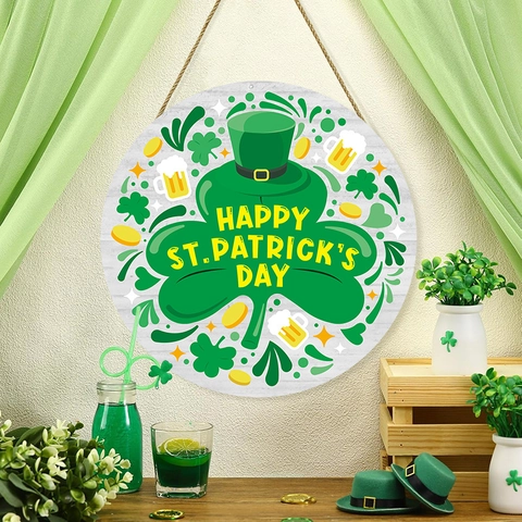 Targa Rotonda in Legno St Patrick's Day Trifoglio Cappello Portafortuna Placca da Appendere per Porta d'Ingresso Parete Casa
