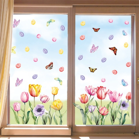 Watercolor Tulip Flower Butterfly Static Window Cling Decals For Glass Windows Spring Floral PVC Wall Stickers Home Decor