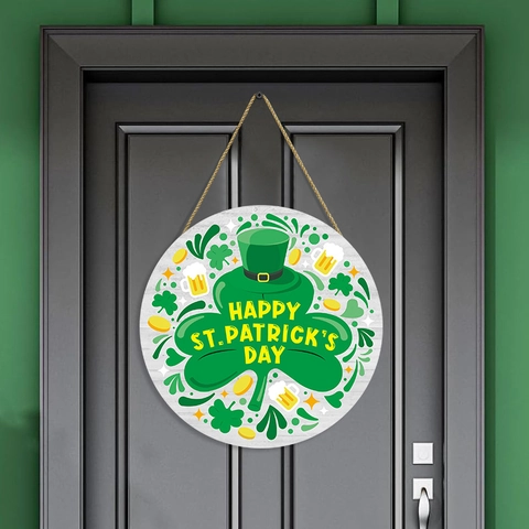 Targa Rotonda in Legno St Patrick's Day Trifoglio Cappello Portafortuna Placca da Appendere per Porta d'Ingresso Parete Casa