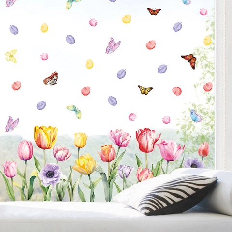 Watercolor Tulip Flower Butterfly Static Window Cling Decals For Glass Windows Spring Floral PVC Wall Stickers Home Decor