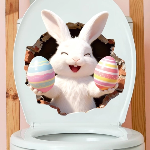 3D Easter Bunny Toilet Sticker PVC Removable Wall Decal With Colorful Eggs Broken Wall Effect Home Bathroom Decor