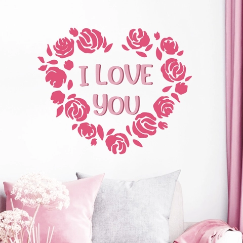 Romantisch Rosa Rose Herz Wandtattoo I Love You Schriftzug PVC Selbstklebend Fensteraufkleber Für Valentinstag Deko