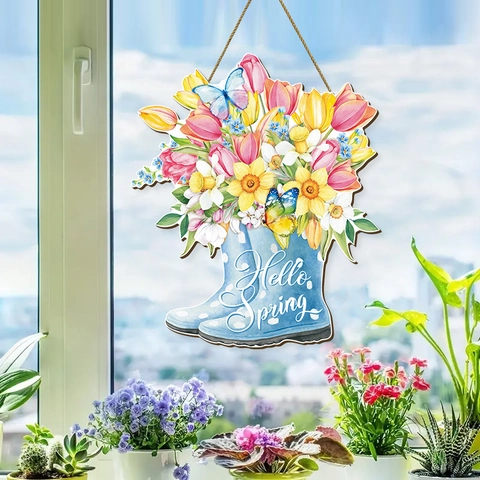 Hello Spring Wooden Rain Boot Wall Hanging Sign Floral Polka Dot Decorative Door Plaque For Garden Porch Home Decor