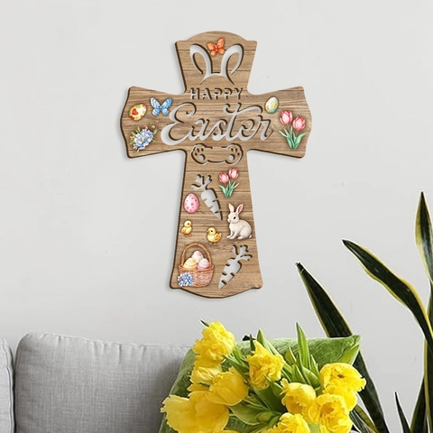 Easter Wooden Cross Hanging Sign Happy Easter Hollow Out Wood Welcome Door Wall Decor Rabbit Egg Flower Ornament