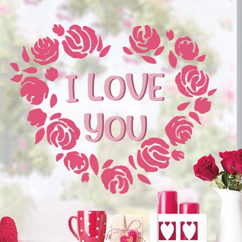 Romantisch Rosa Rose Herz Wandtattoo I Love You Schriftzug PVC Selbstklebend Fensteraufkleber Für Valentinstag Deko