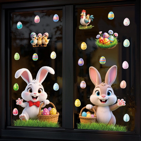 Cartoon Easter Wall Stickers PVC Self-Adhesive Rabbit Chick Egg Pattern For Kids Room Background Decor Cute Window Decals Holiday Ornament