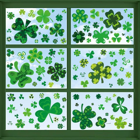 Stickers de Fenêtre Saint-Patrick Trèfles Verts Décorations en PVC Statique Autocollants pour Fenêtres en Verre Maison Fête