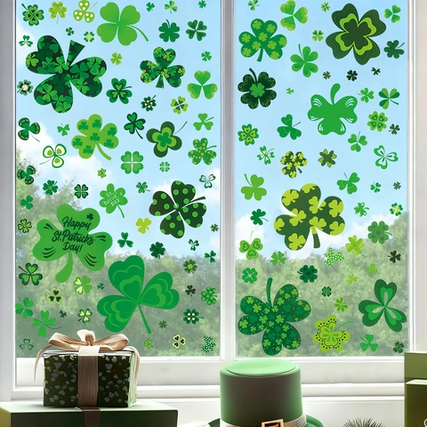 Stickers de Fenêtre Saint-Patrick Trèfles Verts Décorations en PVC Statique Autocollants pour Fenêtres en Verre Maison Fête