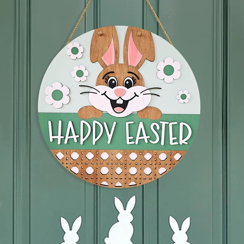 Easter Round Wooden Door Sign Cute Bunny Pattern Happy Easter Welcome Wall Hanging Plaque For Home Front Door Wall Decor