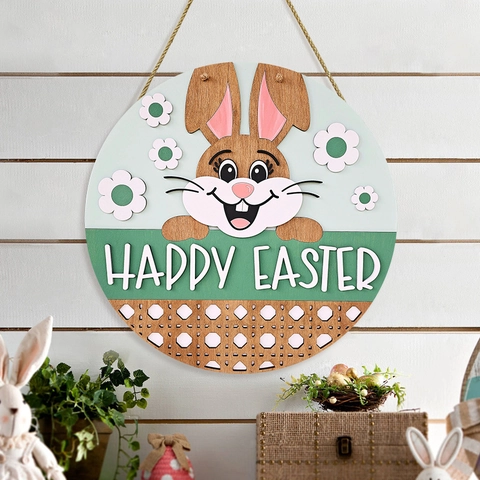 Easter Round Wooden Door Sign Cute Bunny Pattern Happy Easter Welcome Wall Hanging Plaque For Home Front Door Wall Decor