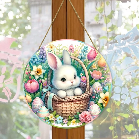 Easter Round Wooden Hanging Sign Decorative Welcome Plaque Bunny Eggs Floral Pattern Door Hanger With Hemp Rope Rustic Home Wall Decor