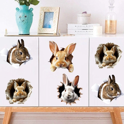 3D Realistische Hase Bruchwand Wandaufkleber Für Kinderzimmer Osterhase PVC Abnehmbare Selbstklebende Home Decor Wandbilder