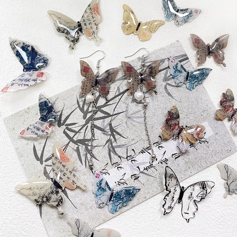 Butterfly Pendant Neo-Chinese Style Traditional Ink Wash Landscape Calligraphy Printed Resin Acrylic DIY Jewelry Making Accessories Handmade Craft