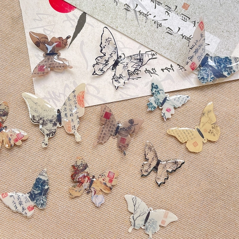 Butterfly Pendant Neo-Chinese Style Traditional Ink Wash Landscape Calligraphy Printed Resin Acrylic DIY Jewelry Making Accessories Handmade Craft