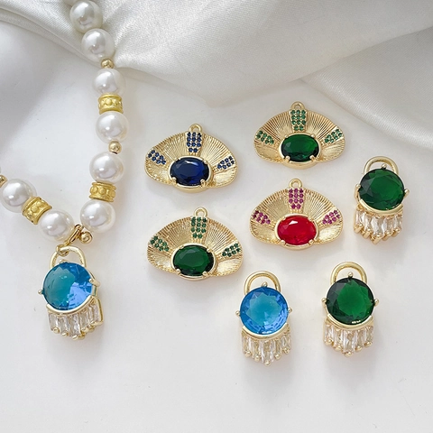 Gold Plated Copper Evil Eye Pendant Zirconia Inlaid Fan-Shaped Round Jewelry Making DIY Accessory For Necklace Bracelet