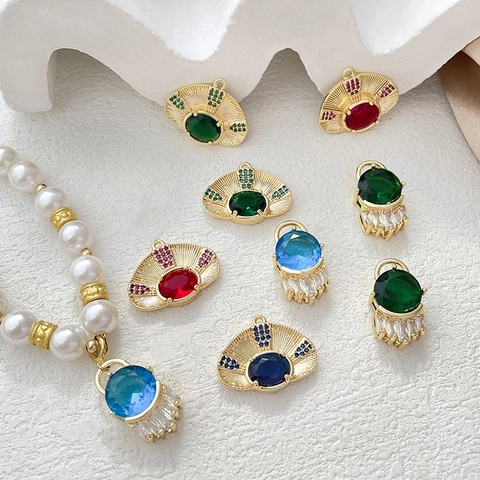 Gold Plated Copper Evil Eye Pendant Zirconia Inlaid Fan-Shaped Round Jewelry Making DIY Accessory For Necklace Bracelet