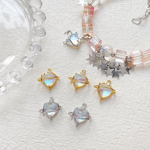 Copper Gold Plated Heart Planet Saturn Pendant Artificial Moonstone Rhinestone Inlaid DIY Jewelry Pendants For Necklace Bracelet