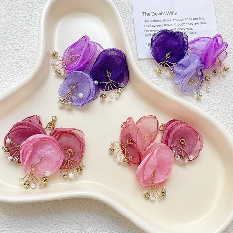 Handmade Organza Mesh Flower Pendant Crystal Faux Artificial Pearl DIY Jewelry Making Accessory For Earring Necklace Vacation Style
