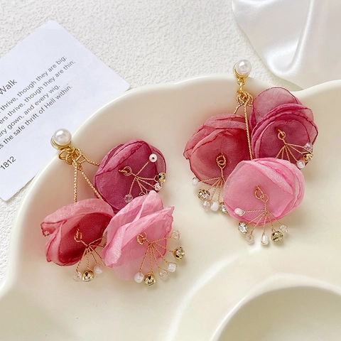 Handmade Organza Mesh Flower Pendant Crystal Faux Artificial Pearl DIY Jewelry Making Accessory For Earring Necklace Vacation Style