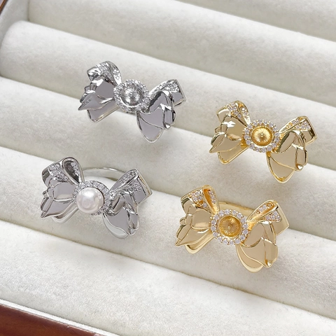 Copper 18K Gold Plated Bow Knot Ring Base With Rhinestone For DIY Pearl Setting Elegant French Vintage Jewelry Ring Finding Women