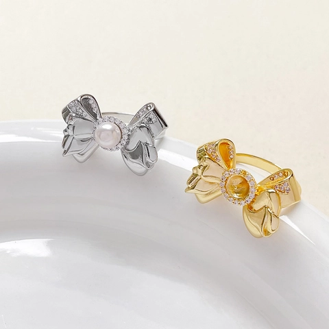 Copper 18K Gold Plated Bow Knot Ring Base With Rhinestone For DIY Pearl Setting Elegant French Vintage Jewelry Ring Finding Women