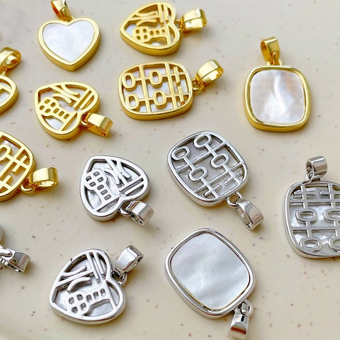 14K Gold Plated Copper Natural Shell Pendant Chinese Fu Character Hollow Heart Rectangle DIY Jewelry Making Accessories