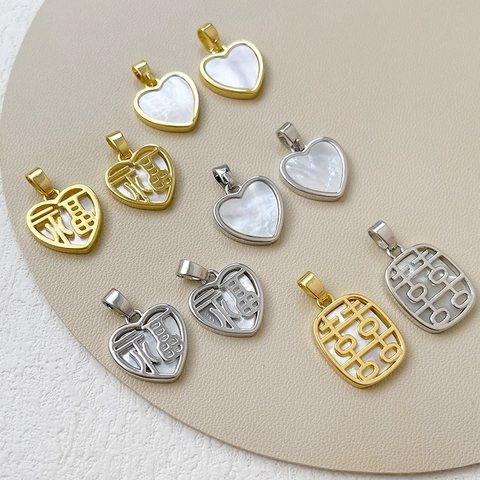 14K Gold Plated Copper Natural Shell Pendant Chinese Fu Character Hollow Heart Rectangle DIY Jewelry Making Accessories