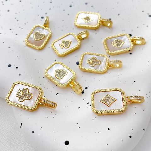 14K Gold Plated Copper Natural Mother Of Pearl Poker Card Pendant With Zirconia Retro Rectangular DIY Jewelry Finding