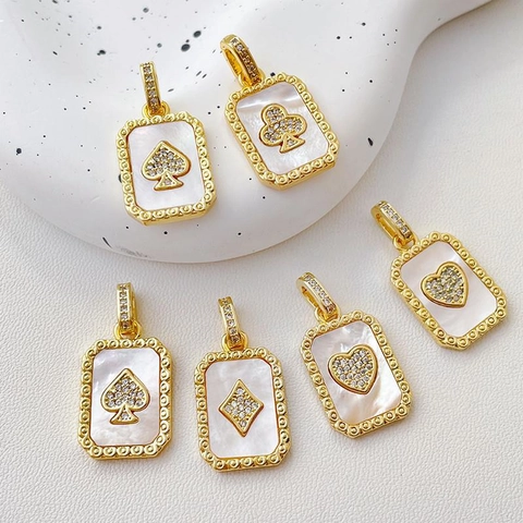 14K Gold Plated Copper Natural Mother Of Pearl Poker Card Pendant With Zirconia Retro Rectangular DIY Jewelry Finding