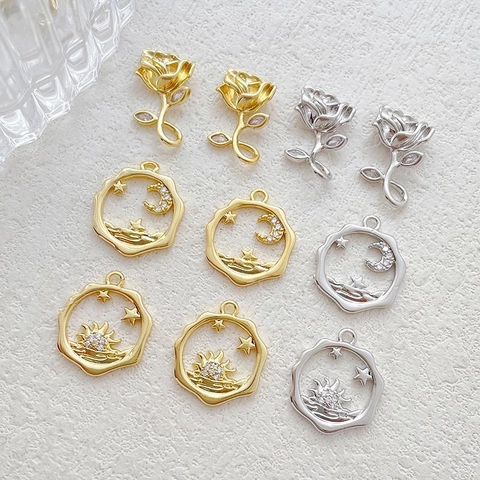 14K Gold Plated Copper Rose Pendant DIY Jewelry Findings Celestial Sun Moon Star Zirconia Charms For Necklace Bracelet Earrings