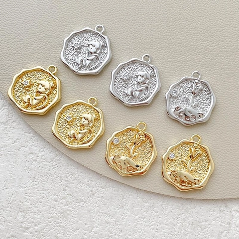 Copper Little Prince Rose Pendant For DIY Jewelry Making Accessories Real Gold Plated Coin Embossed Rhinestone Charms