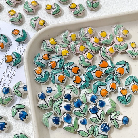 Handmade Ceramic Tulip Beads Hand Painted Floral Loose Beads For DIY Jewelry Making Bracelet Necklace Earrings Accessories