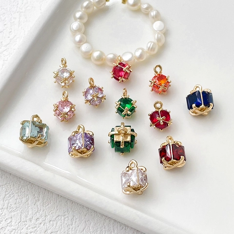 14K Gold Plated Copper Zirconia Pendants For Jewelry Making DIY Square Round Colorful Stone Charms Necklace Bracelet Accessories
