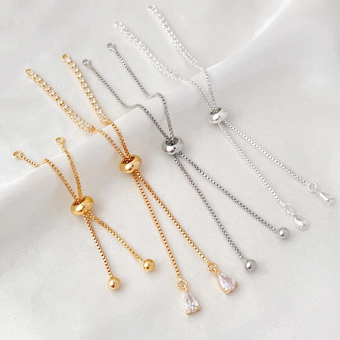 14K Gold Plated Copper Box Chain Slider Adjustable Bracelet Extension Chain With Rhinestone Pendant DIY Jewelry Accessories