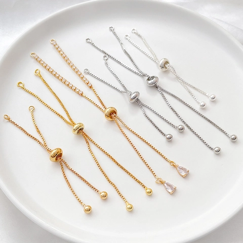 14K Gold Plated Copper Box Chain Slider Adjustable Bracelet Extension Chain With Rhinestone Pendant DIY Jewelry Accessories
