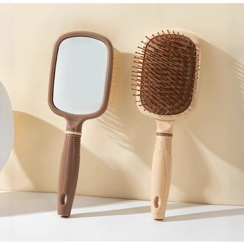 Spazzola per Capelli Pneumatica 2-in-1 Con Specchio Integrato Massaggio Cuoio Capelluto Pettine Districante Spazzola Portatile Donna Viaggio