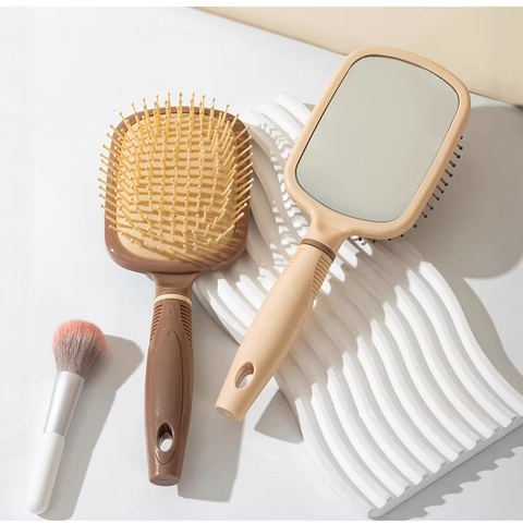 Spazzola per Capelli Pneumatica 2-in-1 Con Specchio Integrato Massaggio Cuoio Capelluto Pettine Districante Spazzola Portatile Donna Viaggio