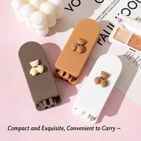 Spazzola Per Capelli Pieghevole Portatile Con Specchio 2-In-1 Decorazione Orso Cartone Animato ABS Mini Pettine Da Viaggio Per Donna Trucco