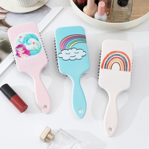 Cartoon Mermaid Rainbow Pattern Cushion Hair Brush Portable Plastic Massage Paddle Comb For Women Daily Hair Care