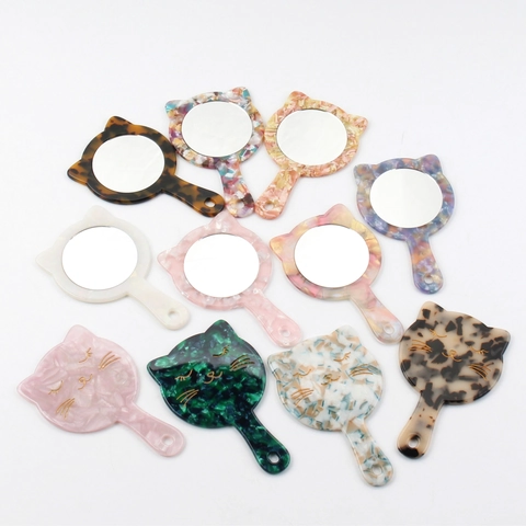 Süßer Katzenkopf Acetate Handspiegel Blumenmuster Schildpatt Tragbar Kleiner Schminkspiegel Für Damen Täglich Beauty Tool