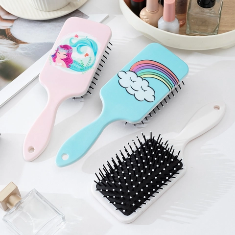 Cartoon Mermaid Rainbow Pattern Cushion Hair Brush Portable Plastic Massage Paddle Comb For Women Daily Hair Care