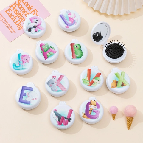 Portable Foldable Air Cushion Hair Comb With Makeup Mirror Cute Cartoon Animal Alphabet Pattern ABS Plastic Massage Hairbrush For Travel Women Girls Students
